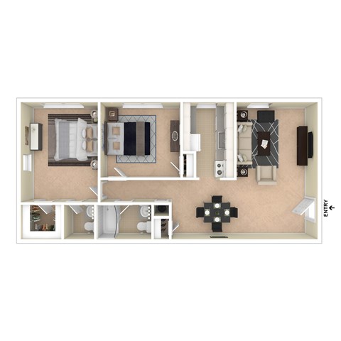 A floor plan of a house with a kitchen, living room, and bathroom.